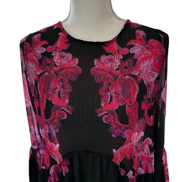 Free People Sheer Baroque Print Bell Sleeve Tunic Mini Dress Boho Open Back XS - Picture 6 of 11